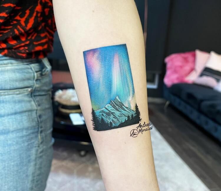 Mountains with northern lights arm band done by Gabe at Heart and Hammer in  Dunn NC  rtattoos