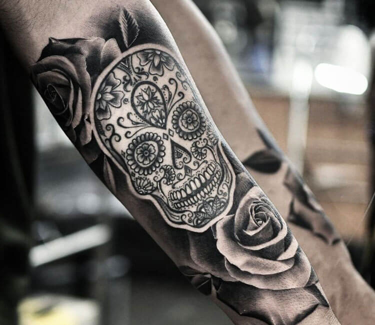 Black And Gray Sugar Skull Tattoo