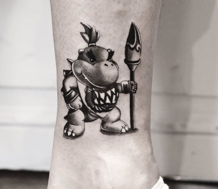 Bowser Jr sticker tattoo located on the thigh