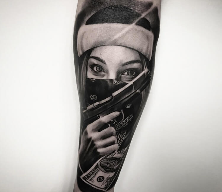 Grey Ink Amazing Gangsta Girl Tattoo On Arm – Truetattoos