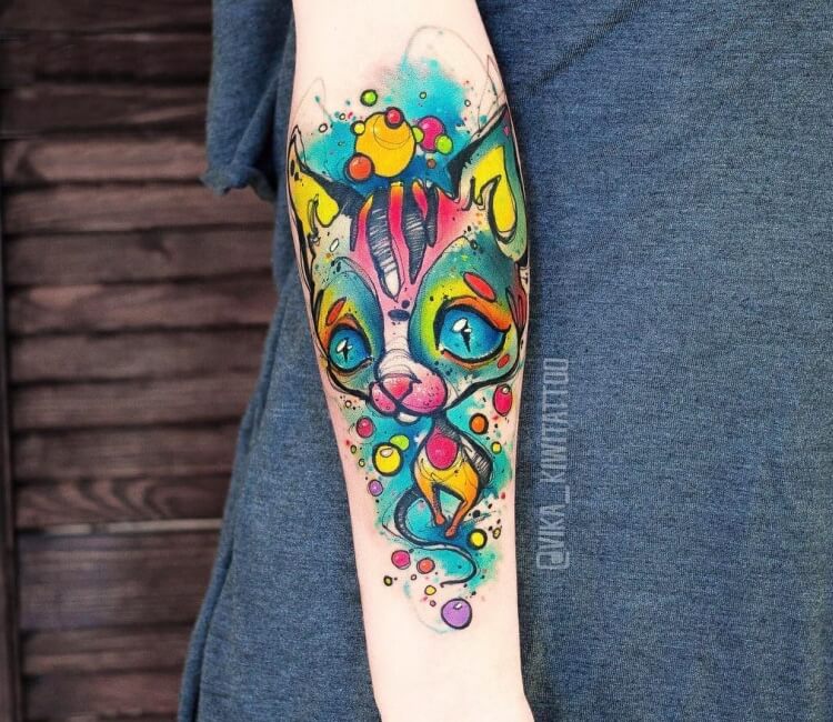 White Cat with Colorful Asian Tattoo