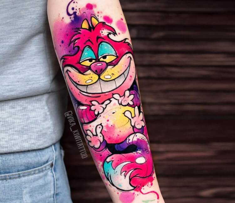 Watercolor Cheshire Cat Tattoo On Thigh