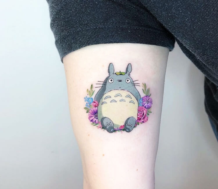 Single needle Totoro tattoo on the ankle
