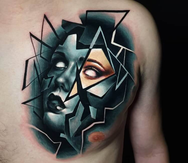 Broken bust and moon with stars - Tattoogrid.net