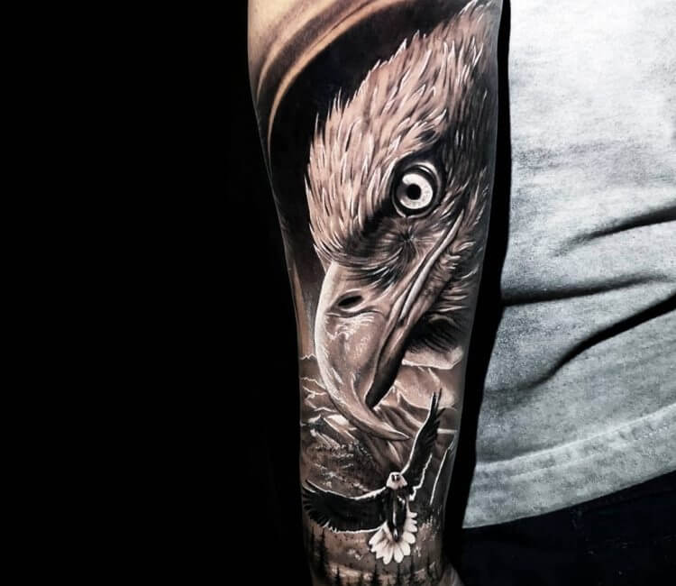 Black and Grey Realistic Eagle Patriotic Tattoo done by Rember Orellana at  Dark Age Tattoo Studio, Denton, TX | Patriotic tattoos, Eagle tattoo, Eagle  tattoos
