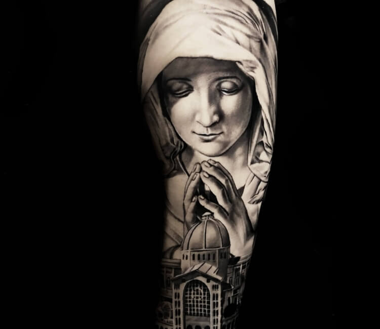 virgin mary black and white tattoo