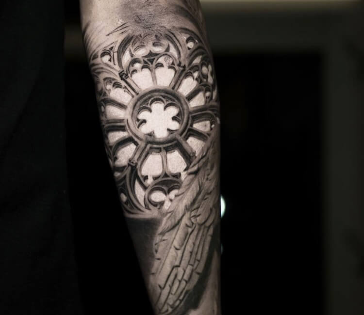 Realistic rose window tattoo cover up on the right