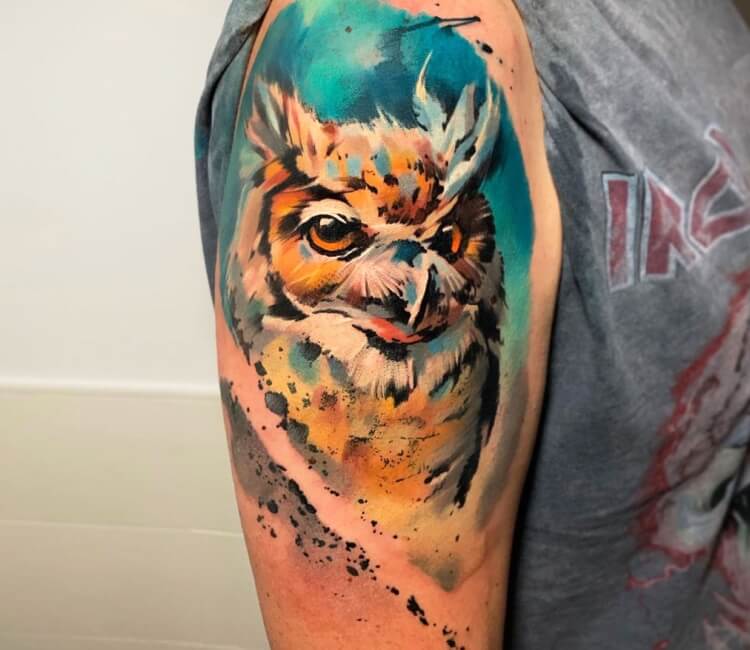 Abstract Owl Tattoo On Leg Calf
