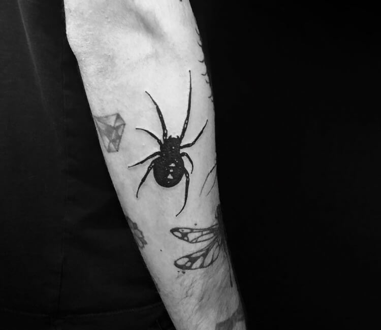 Old School Black Widow With Web Tattoo On Sleeve
