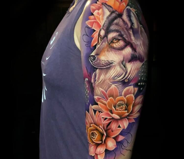 Amazing Colorful Wolf And Flowers Tattoo Idea