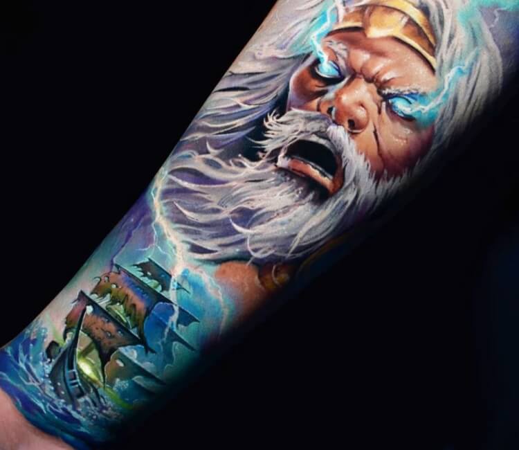 Im doing a Greek mythology underworld themed sleeve and so far I have  Cerberus Hades and now Persephone going around my arm I have this gap  here and idk what to put