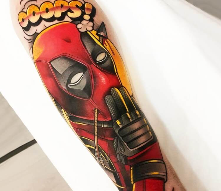 prompthunt deadpool tattoo on the back of a man
