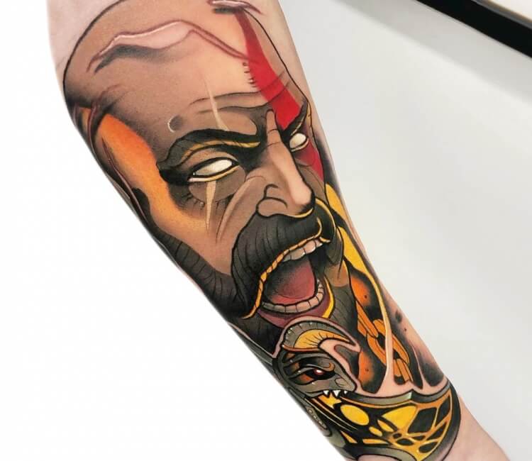 Kratos game God of War neotraditional tattoo Yeray Perez. 