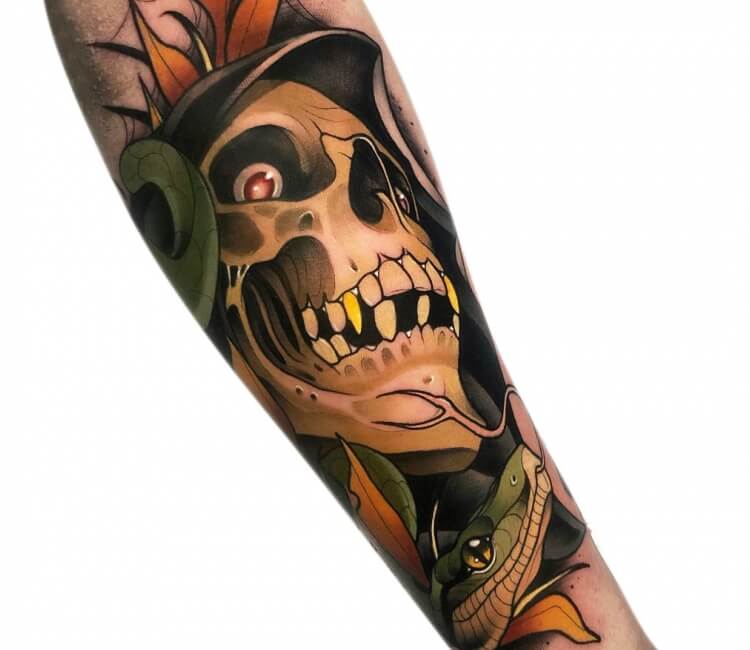 Arm Flowers NeoTraditional Skull Tattoo  Slave to the Needle