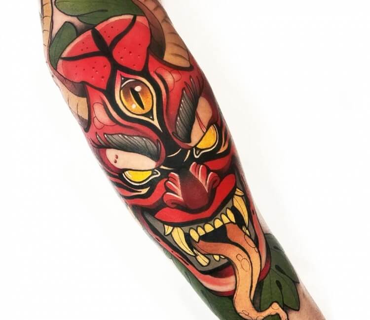 Neotraditional demonhead neck tattoo by Ick Abrams  Neck tattoo Traditional  tattoo neck Neo traditional