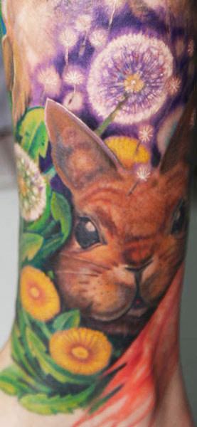 Realistic tattoo on woman's back of a cute bunny rabbit 4k