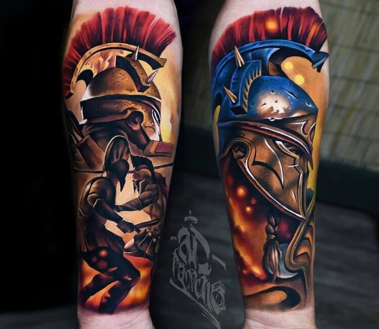 Gladiator with greek keys My arm done by dangeorgeart at Venture Tattoo  in Oak Park IL  rtattoo
