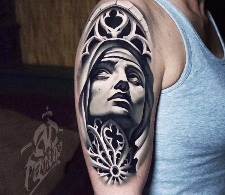 Virgin Mary Crying Sleeve | Sleeve tattoos, Black and grey 