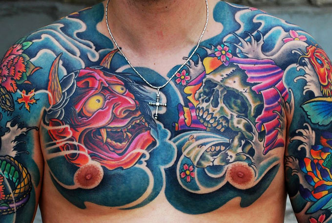 Japanese dragon half sleeve chest plate tattoo