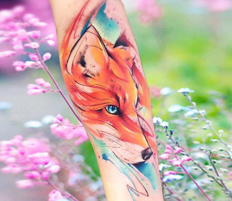 Watercolor fox tattoo stencil