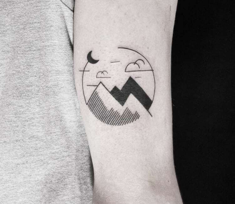 Couples Tattoo With Mountains & Space Sky
