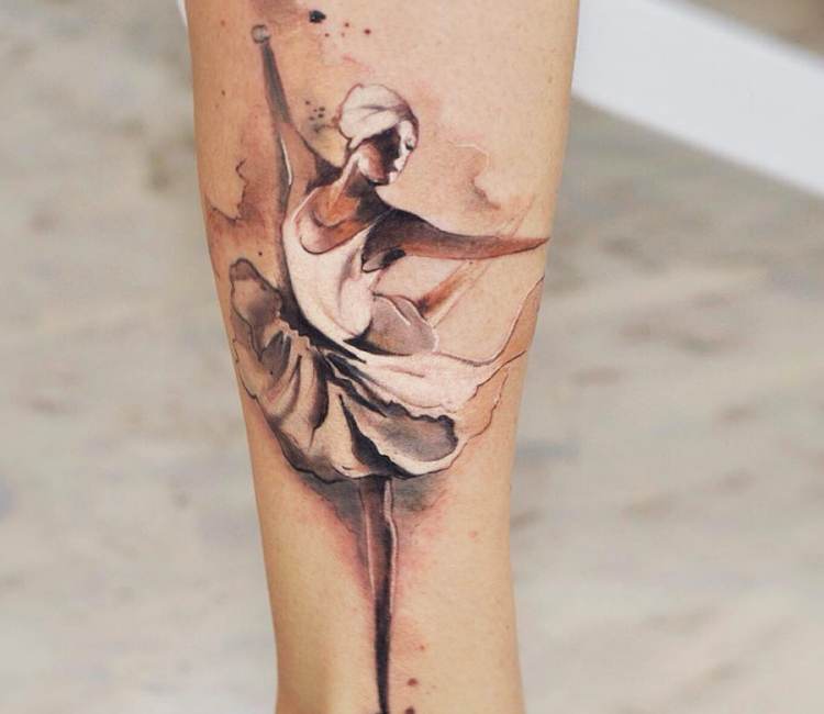 Fine line style ballerina tattooed on the inner