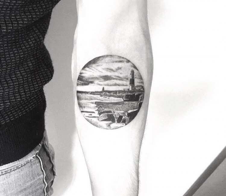 Landscape tattoo  Black and grey tattoos Landscape tattoo Sun tattoo