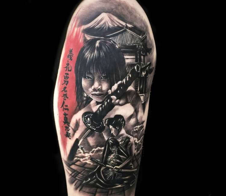 Samurai girl, green, samurai, tattoo, blue, sword, red, vincent chu48ea,  luminos, HD wallpaper | Peakpx