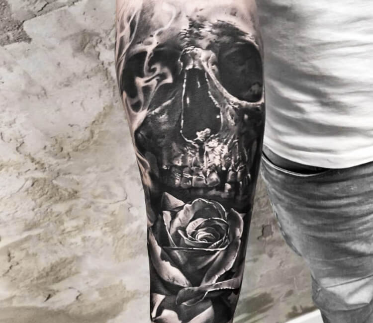 Tattoo uploaded by Axe  Custom skull rose design done in two sittings back  to back Over 15 hours of work  For custom work like this please send me  some info