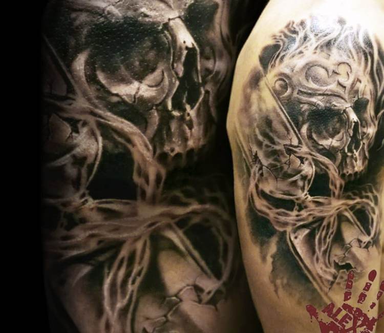 a flaming skull tattoo design by H.R. Giger, highly | Stable Diffusion