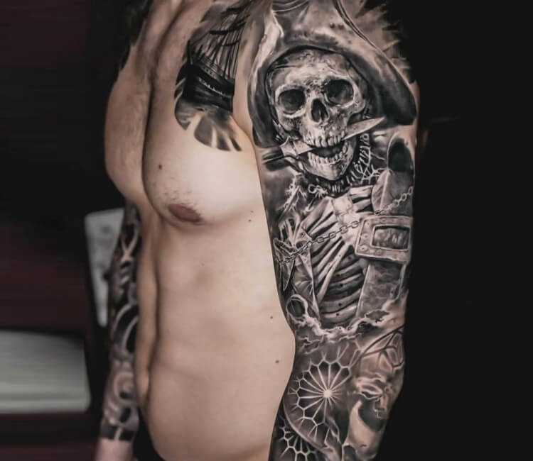 Colored Pirate Skulls And Rip Tomb Stone Sleeve Tattoo