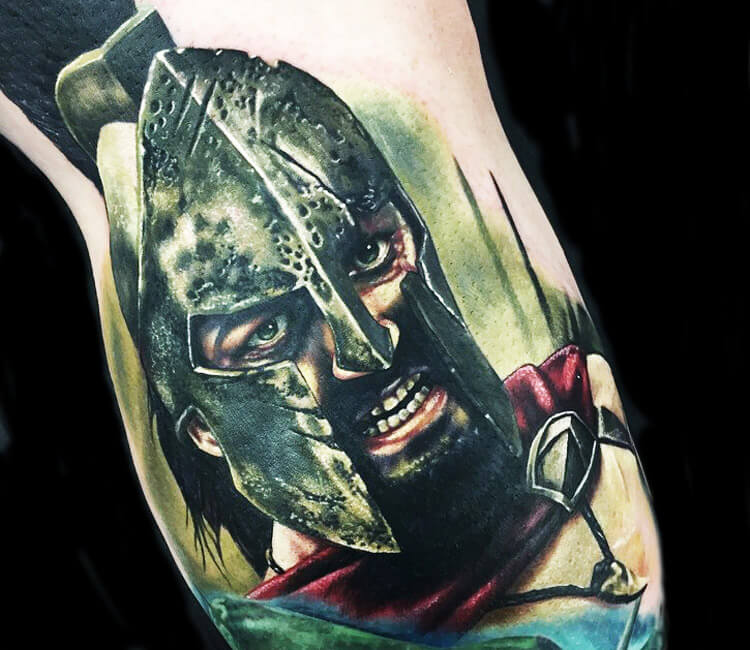 Realistic 3 colors tattoo of King Leonidas from movie 300 by Alex Rattray I...