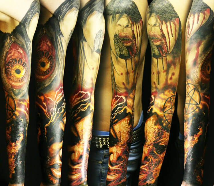Freddy And Horror Faces Sleeve Tattoo