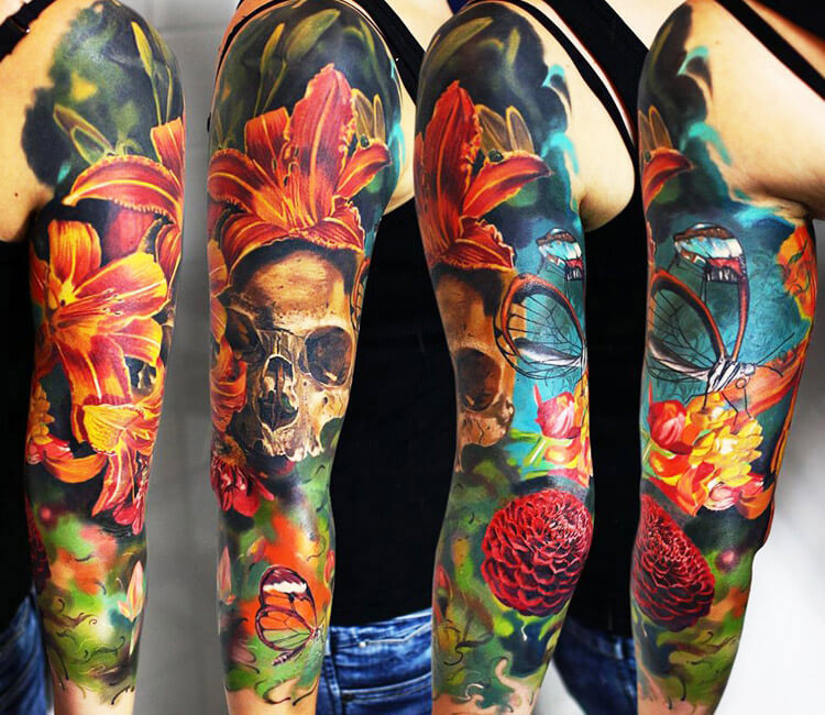 Nature themed sleeve finished off ✨ #sleeve #tattoo #naturetattoo #bla... |  TikTok