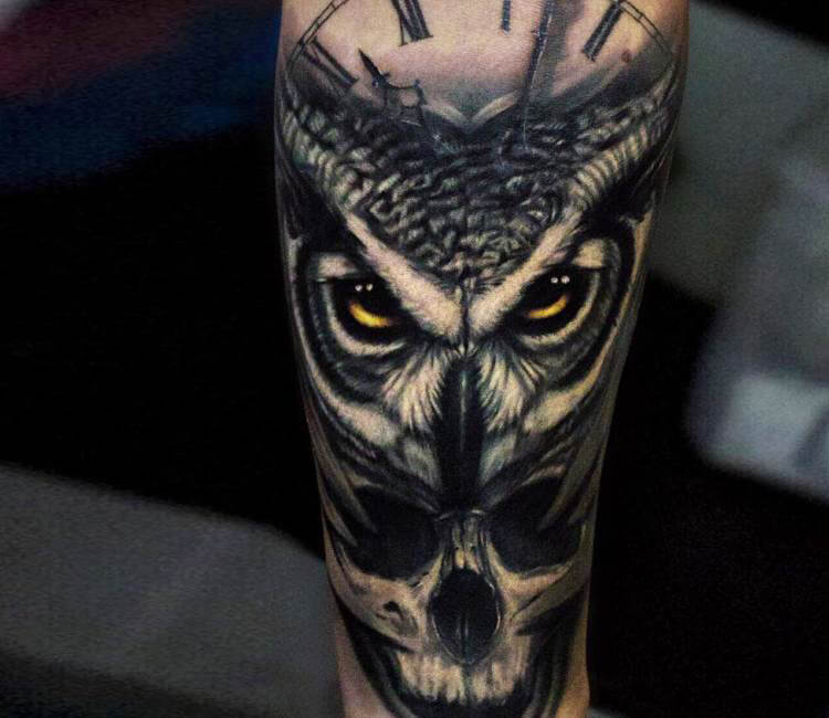 Owl and skull tattoo done by Ben Paley at Sacred Skin Tattoo Endicott NY   rtattoos