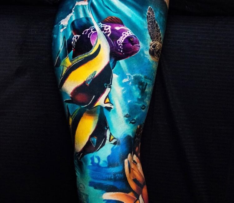 Chipping away at this underwater sleeve #turtle #jellyfish #sleeve  #colourtattoo #underwater #workinprogress #sleeve #tattoo #tattooist... |  Instagram