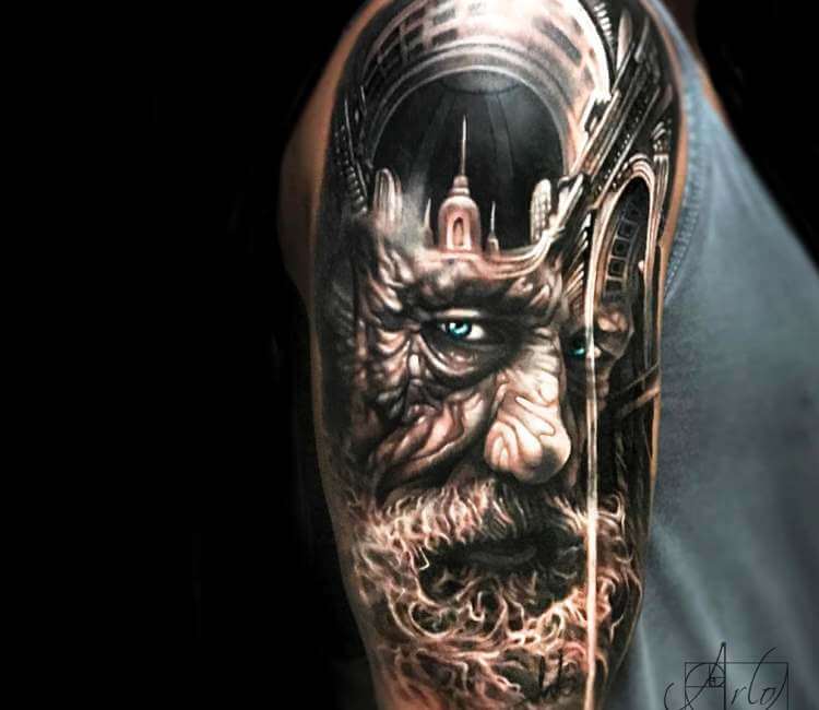 Old man face tattoo by Arlo DiCristina