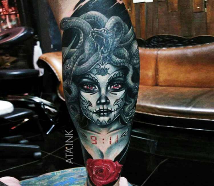 Realistic Medusa Tattoo On Arm Sleeve