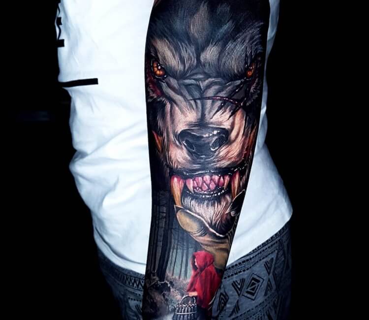 Dark rendition of little red riding hood fully healed   crimsoncastle bishoprotary tattoo littleredridinghood wolftattoo   Geoffery Shelter tattoogeof on Instagram