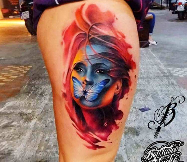 Girl face with Butterfly tattoo by Bejt Tattoo | Post 21722