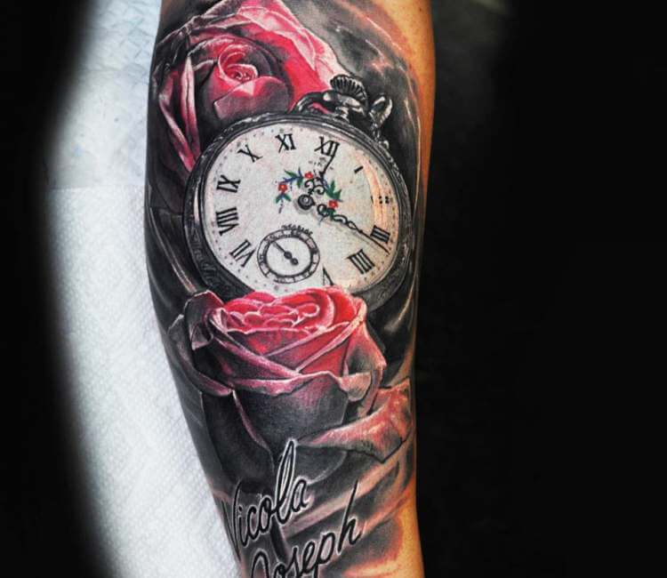 Clock and Roses tattoo by Ben Delongchamp Post 25202