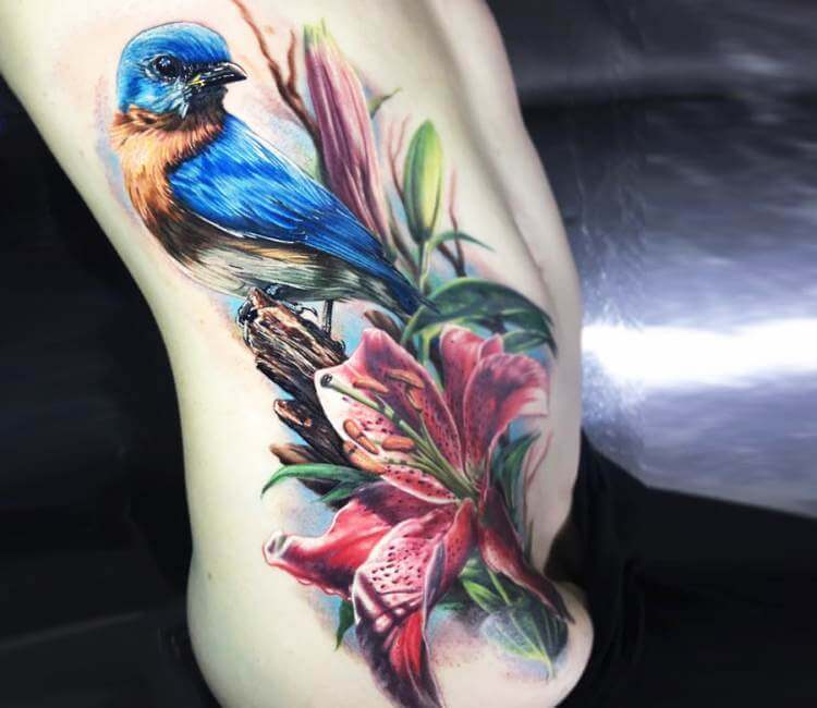 Colored Bird And Flowers Tattoo On Half Sleeve