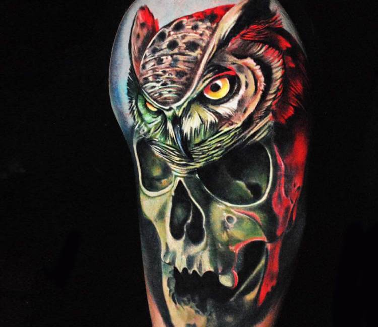 Arm Realistic Skull Owl Tattoo by Bloodlines Gallery