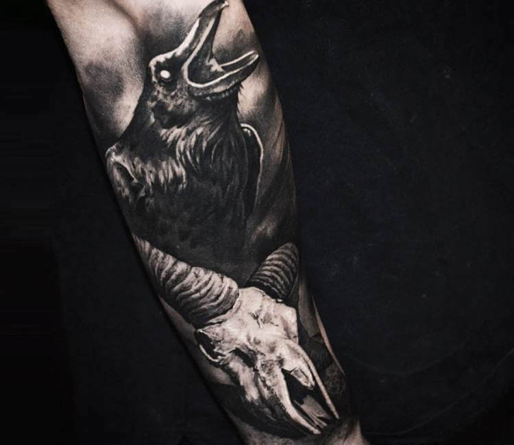 Black Ink Crow On Skull Tattoo Design