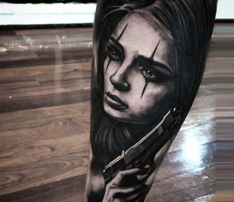 Gangsta Girl Blowing Gun Tattoo Design
