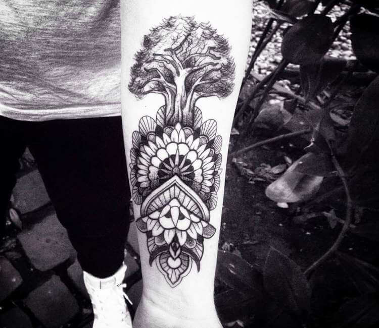 Mandala Tree Grey Ink Optical Illusion Tattoo On Left Bicep