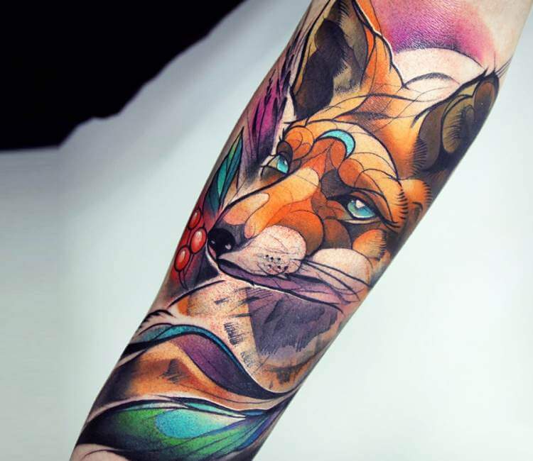 Colorful fox tattoo on the arm  Tattoogridnet