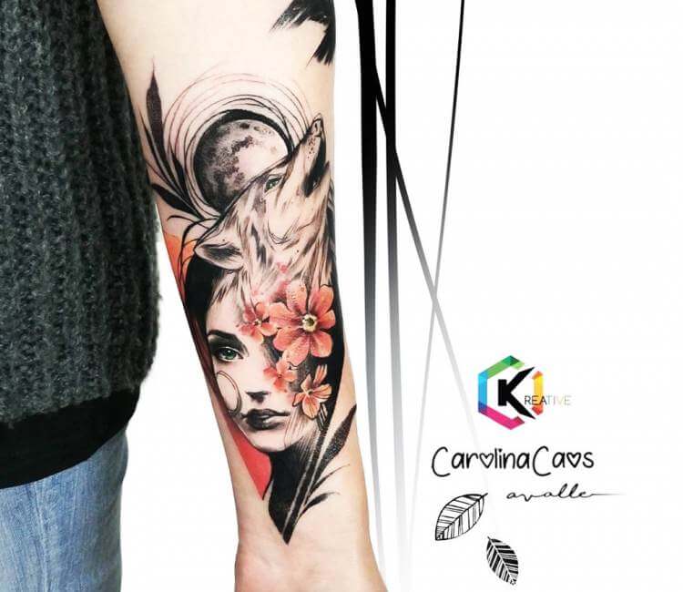 Awesome Color Ink Girl With Wolf Head Tattoo
