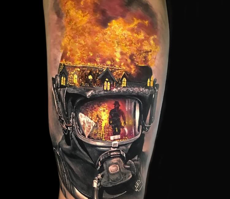 Fire-fighting tattoo by Chris Showstoppr