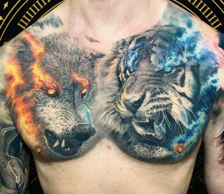 Wolf and Tiger tattoo by Chris Showstoppr | Post 29564